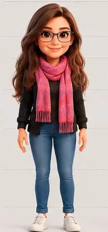 Illustrated character portrait with brown hair, dark glasses and a pink scarf